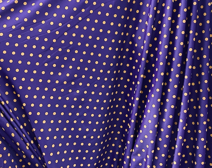White polka dot on purple 4 way stretch spandex fabric,  SOLD BY YARD 60 inches wide