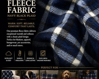 Plaid navy blue black Fleece Polar  By The Yard 60" Wide