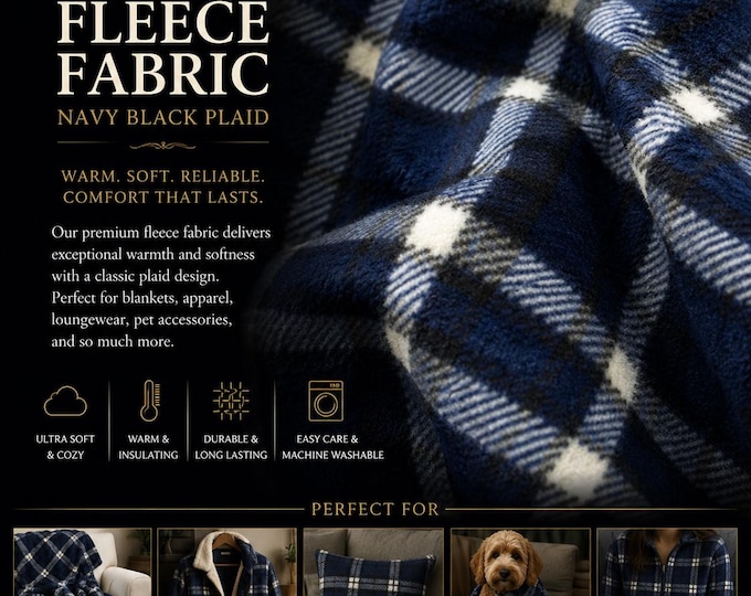 Plaid navy blue black Fleece Polar  By The Yard 60" Wide