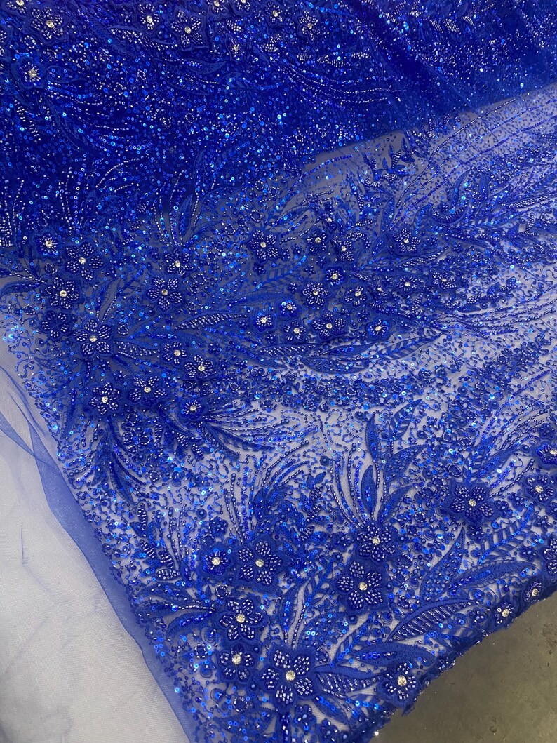 Royal Blue 3D Floral Bridal Lace Fabric Beaded Embroidered Mesh Lace by ...