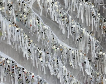 White Dangling taffeta on mesh with sequin fabric sold by the yard