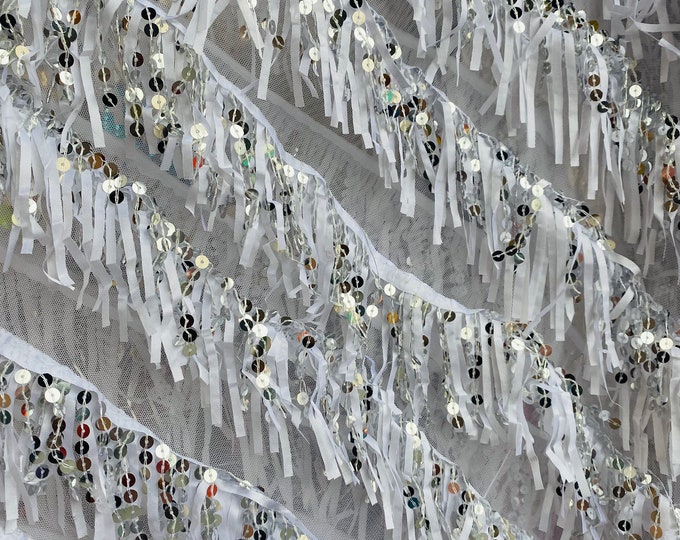 White Dangling taffeta on mesh with sequin fabric sold by the yard