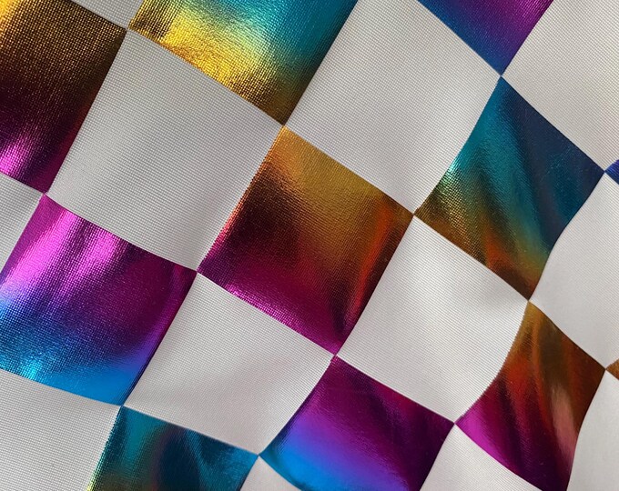Multi diamond foil on white spandex 4 way  fabric by the yard
