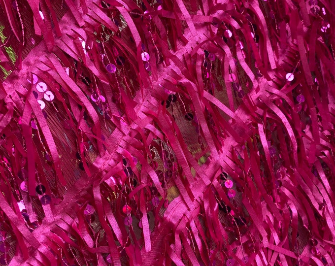 Fuchsia Dangling taffeta on mesh with sequin fabric sold by the yard