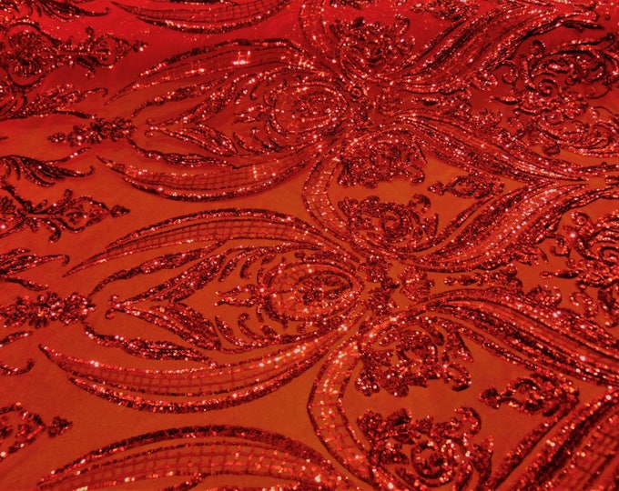 Victorian Egg/Tulip, Red, Big Print, Sequin, 4-way Stretch, Fabric 54" Sold By the Yard, Wedding, Prom, Dresses, Lingerie, Pageant