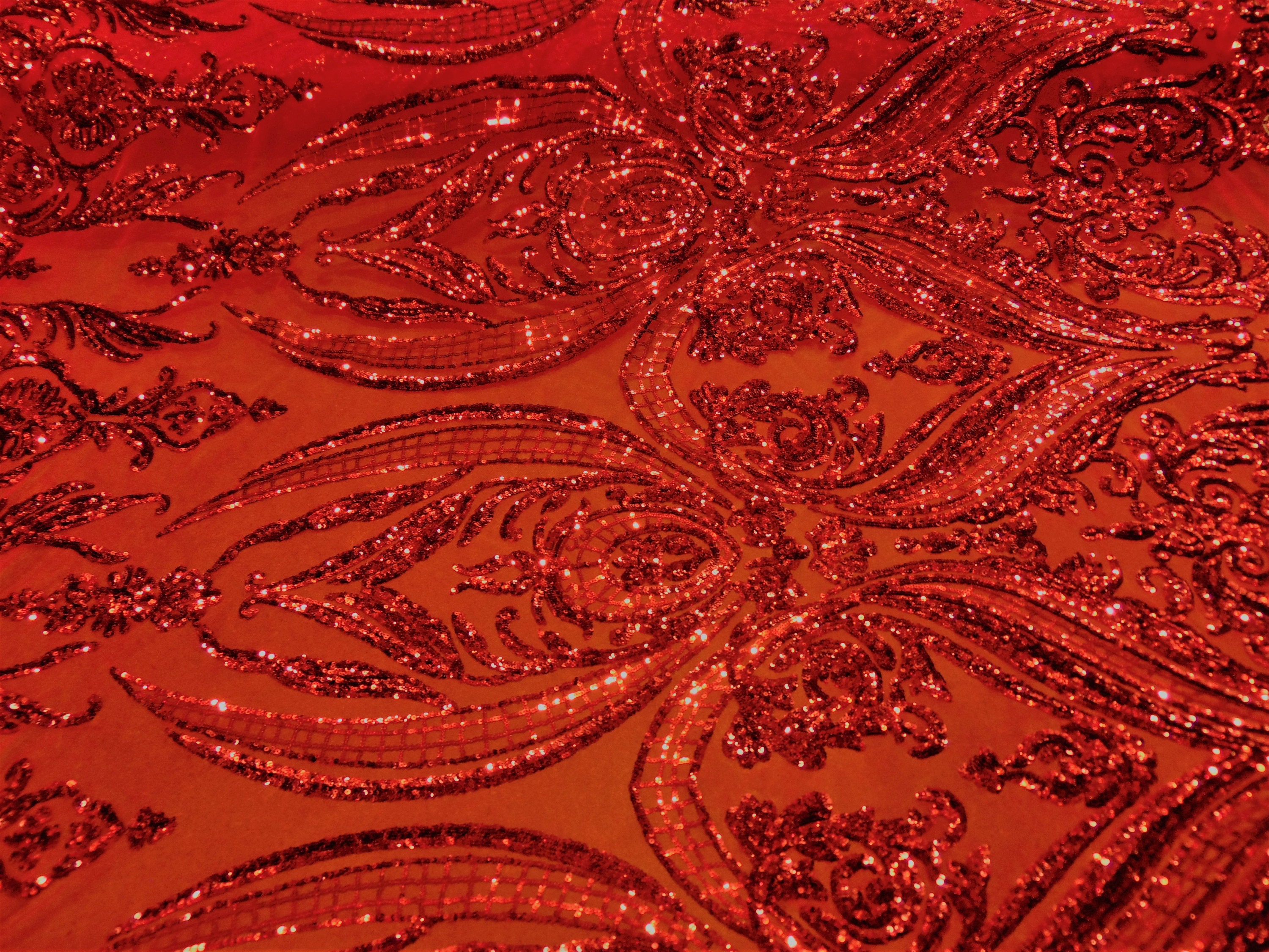 Victorian Egg/Tulip, Red, Big Print, Sequin, 4-way Stretch, Fabric 54" Sold By the Yard, Wedding, Prom, Dresses, Lingerie, Pageant