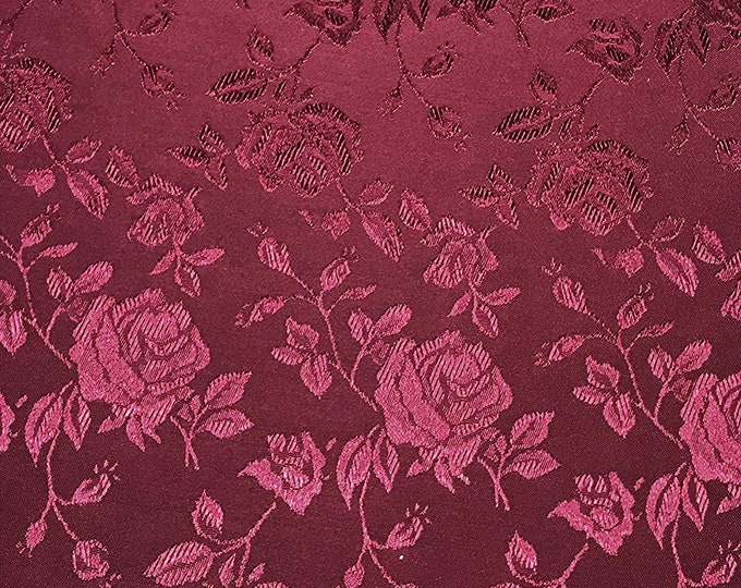 Jacquard brocade satin Burgundy fabric Floral 58" wide per yard