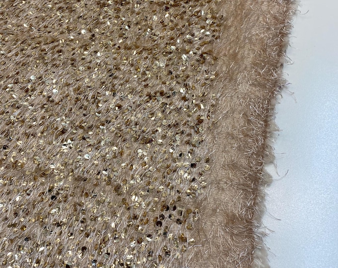 Taupe sequin-embroidered fabric on a textured base with eyelash/fringe threads  Dressmaking Costume Material by the Yard
