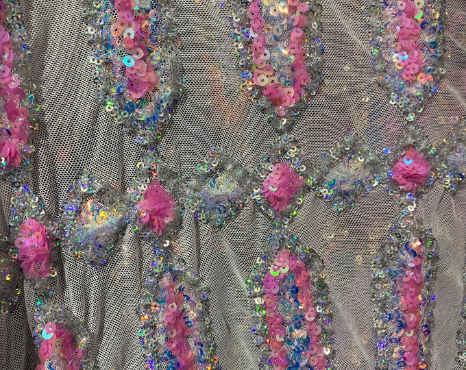 Candy Pink sequins gem on white mesh jewel Geometric Stretch Sequins Design on Mesh By Yard