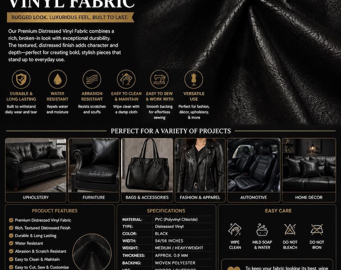Black Distressed Vinyl Fabric – Rustic Leather Look Upholstery, DIY (54" Wide)