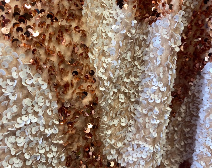 Peach White Sequin Embroidered Fabric | Sparkly Glam Fabric for Dresses, Costumes, Event Decor & Crafts