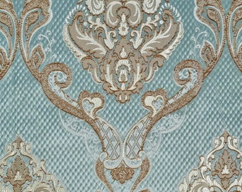 Damask on Azure Renaissance Jacquard  Upholstery drapery fabric by the yard