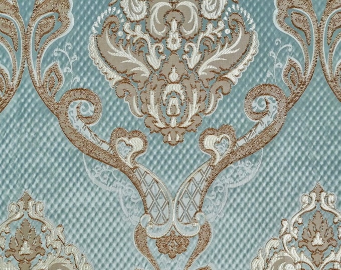 Damask on Azure Renaissance Jacquard  Upholstery drapery fabric by the yard