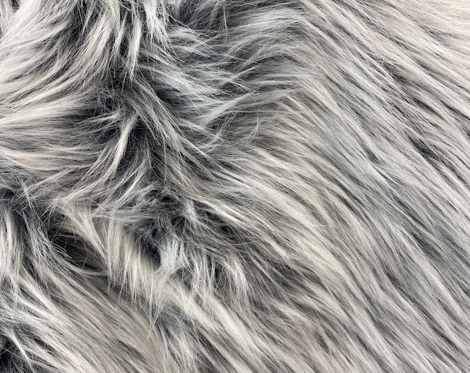 58"  Wide Faux fur,Silver gray on black shaggy long pile fabric upholstery  per yard