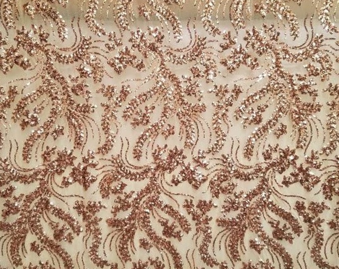 BALI, Gold on eggnog mesh, 4-Way Stretch Mesh Lace Tiny Sequin Fabric 56" Sold By the Yard