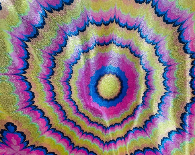 Tie dye pink Multi mystique on yellow stretch Spandex Fabric sold by the yard