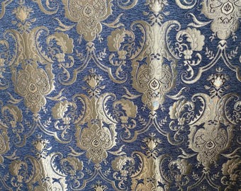 Navy Blue/Silver Damask Chenille Upholstery Fabric – Elegant Baroque Pattern, Home Décor & Drapery Material by the Yard