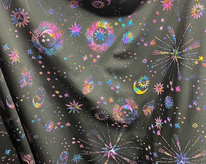 Multi stars and moon on black stretch Spandex Fabric  sold by yard
