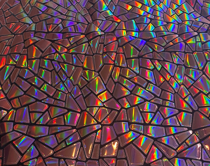 Pink iridescent Broken Glass Sequin Geometric On Black Stretch Velvet Fabric Sold By The Yard