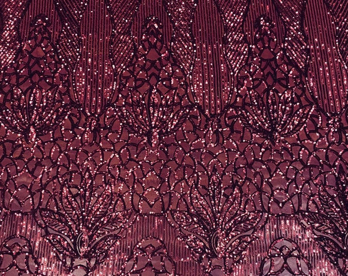 Sequin burgundy on burgundy mesh, 4-way Stretch, Fabric 54" Sold By the Yard, Wedding, Prom, Dresses, Lingerie, Pageant