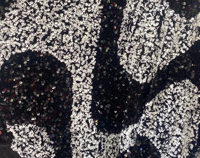 White sequin Wave Design On black stretch velvet all over 5mm sequins 2-way stretch, sold by the yard.