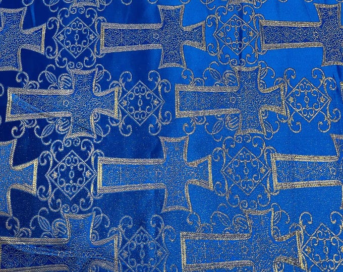 Royal blue Gold Cross Jacquard Satin Fabric – Religious Brocade Cloth for Vestments, Church Decor, Costumes & Crafts