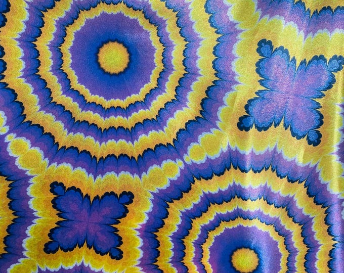 Tie dye purple Multi mystique on yellow stretch Spandex Fabric sold by the yard