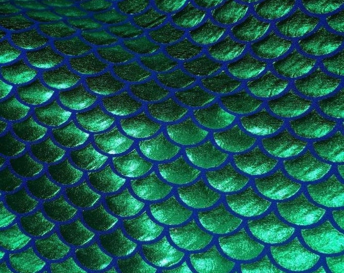 4-Way Stretch Green on Blue Mermaid Spandex Metallic foil Fabric by the yard