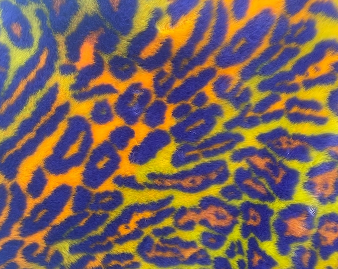 Orange / Yellow Multi colored Leopard Spotted shaggy short pile faux fur fabric by the yard