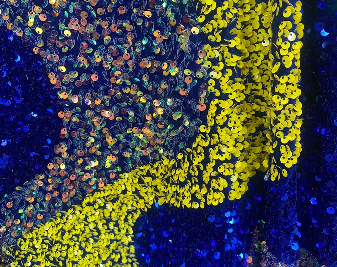 Blue yellow sequin Wave Design  stretch velvet all over 5mm sequins