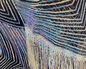 Black purple fringe sequins design on a 4 way stretch fabric-prom-nightgown-sold by the yard