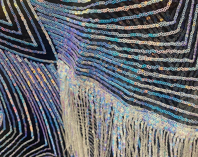 Black purple fringe sequins design on a 4 way stretch fabric-prom-nightgown-sold by the yard