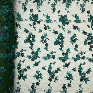 Hunter green Multi color 3d floral Daisy design embroider with pearls in a mesh lace fabric -sold by the yard.