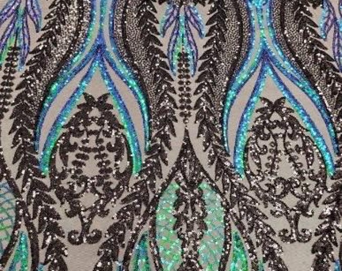 Iridescent Green /Black Multi Color 4-way Stretch Iridescent Sequin Fabric Embroidered on Spandex Mesh Sold By The Yard
