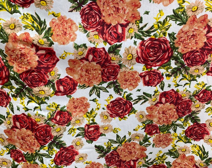 Peach floral on white  Poly cotton fabric sold  by yard  POLYCOTTON 58" wide