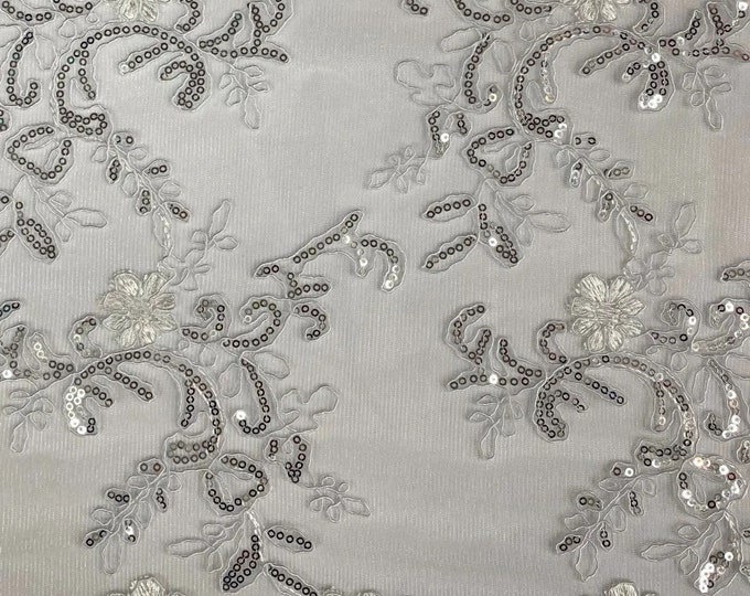Elena white silver corded Floral lace with sequin Fabric Sold By The Yard