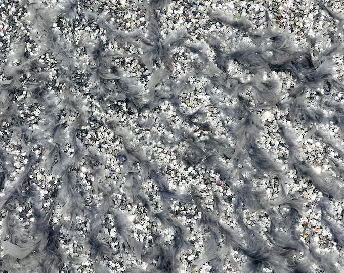 Silver sequin stretch velvet with feathers , 4-Way stretch  fabric by the yard 60" Wide