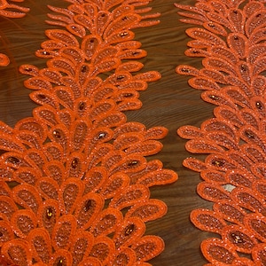 Orange peacock sequin gem beaded on mesh, sold by the PANEL - prom, wedding, pageant, costume