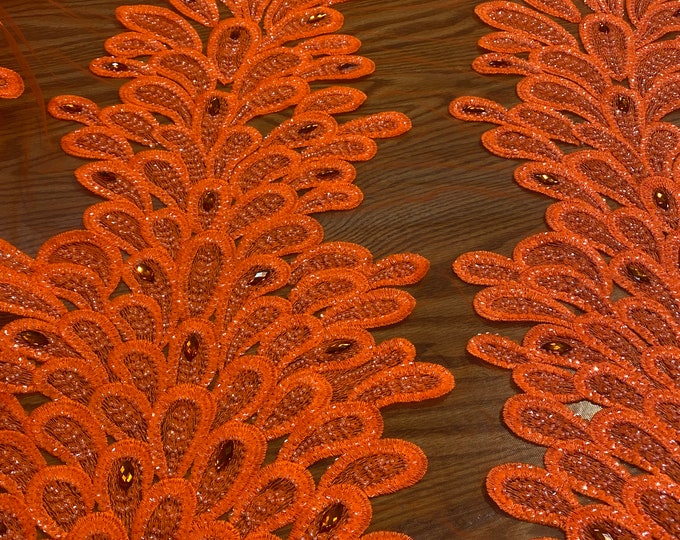 Orange peacock sequin gem beaded on mesh, sold by the PANEL - prom, wedding, pageant, costume