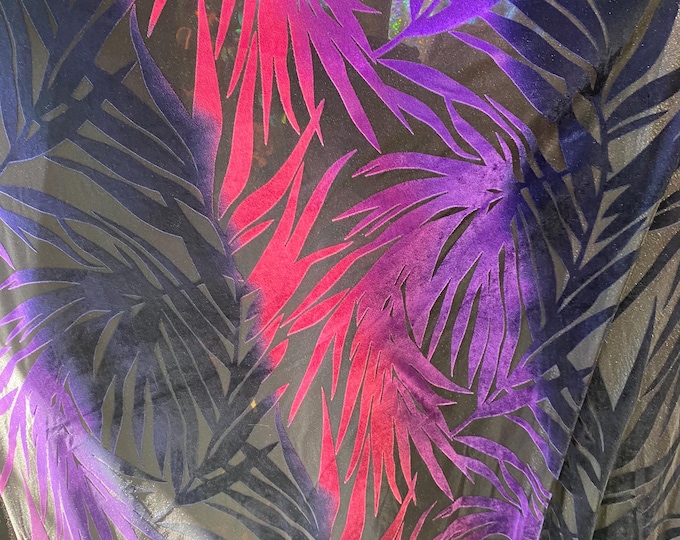 Purple pink Burnout Velvet Stretch Leaves Print Fabric sold by the yard. 60” wide