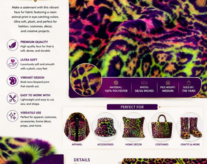 Multi colored Leopard Spotted shaggy short pile faux fur fabric by the yard