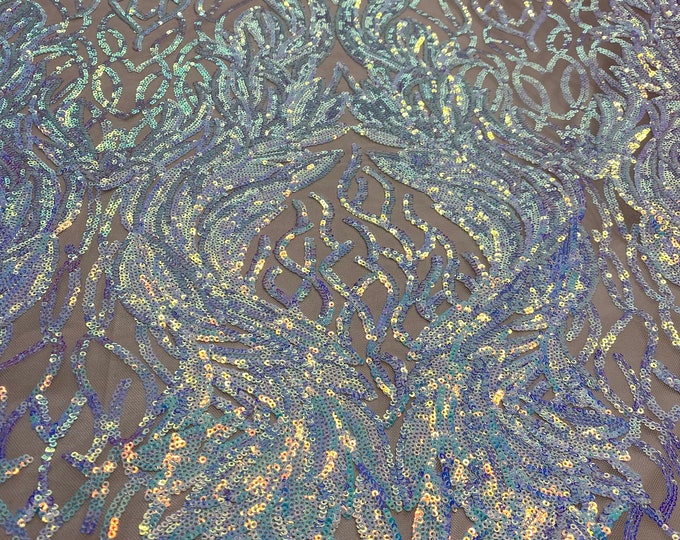 Iridescent lavender damask sequin on stretch nude mesh fabirc 54” wide