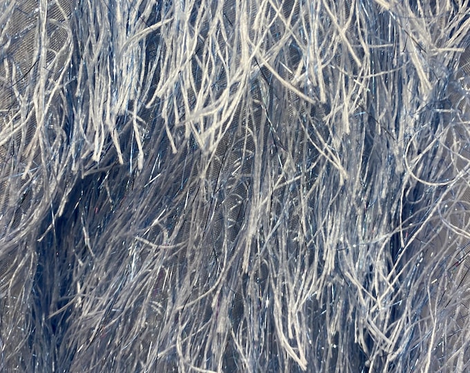 Light Blue feather tinsel on mesh fabric per yard 60" wide