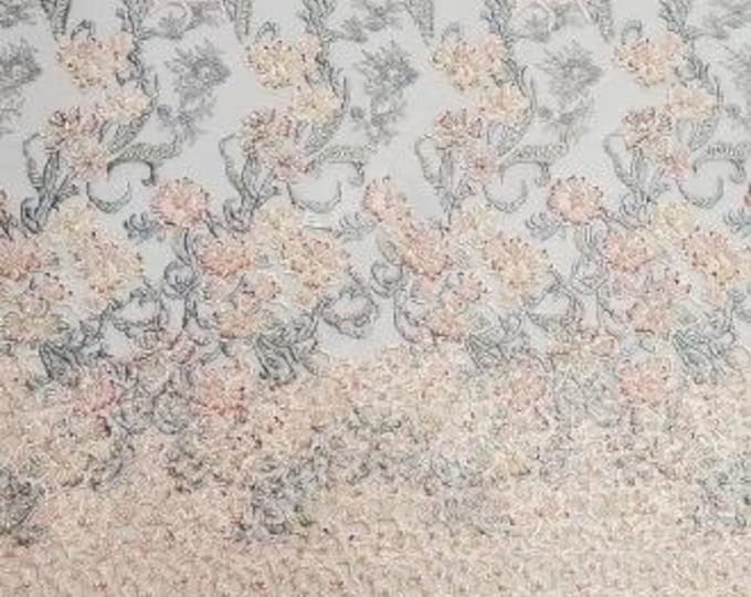 Pink /Gray and Ivory Multi Color Hand Beaded Embroidery on Mesh Fabric Sold by the Yard w Pearls and Sequins Wedding Prom