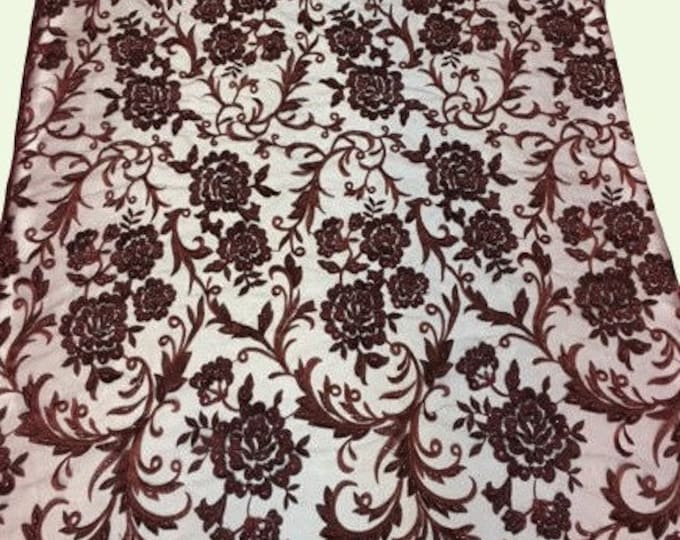 BURGUNDY HAND LACE  scalloped Fabric by the yard, 52" Wide Lace, mesh, dress,