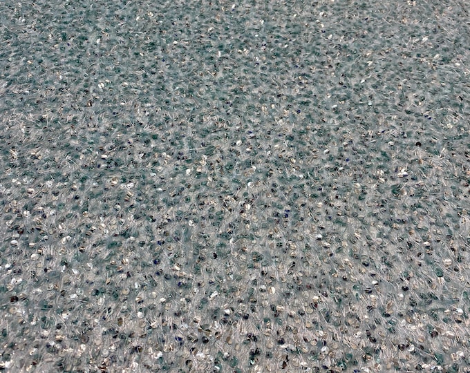 Blue sequin-embroidered fabric on a textured base with eyelash/fringe threads  Dressmaking Costume Material by the Yard