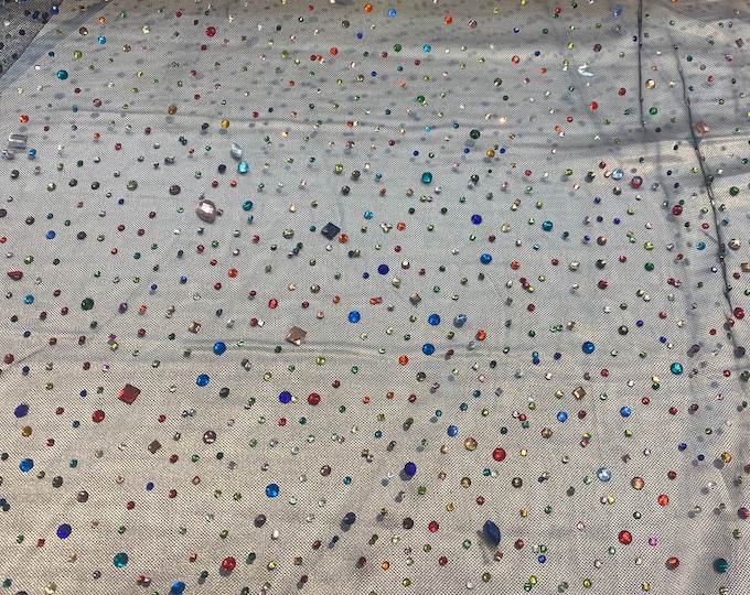 Beaded multicolored, rhinestone gems, on black mesh fabric, 54 inches wide