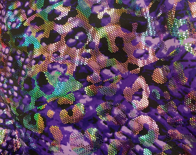 Purple multi Leopard glitter foil pattern 4 way stretch spandex fabric, SOLD BY YARD 60 inches wide