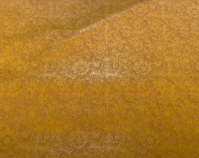 Vinyl leather faux Curry  Western Embossed Floral Faux Leather vinyl fabric per yard 54" Wide