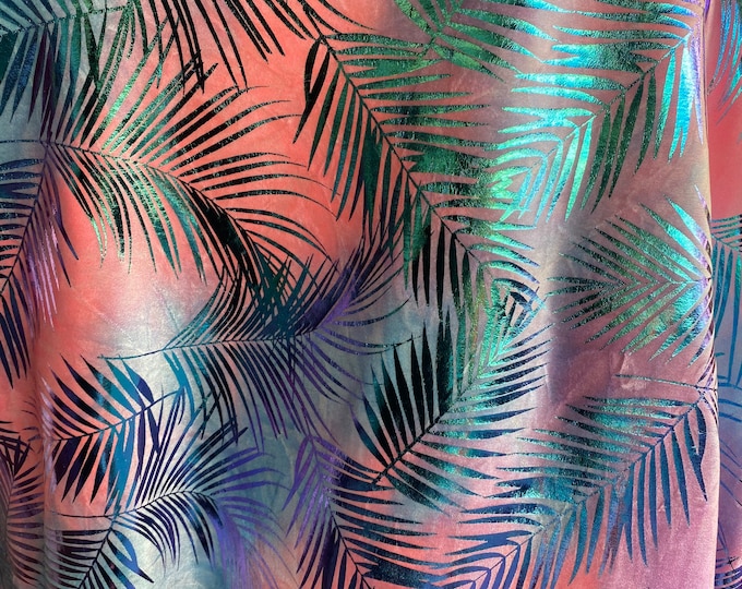 Iridescent foil palm 2 way Stretch on peach Spandex fabric BY THE YARD swimwear dancewear costume 60" Wide